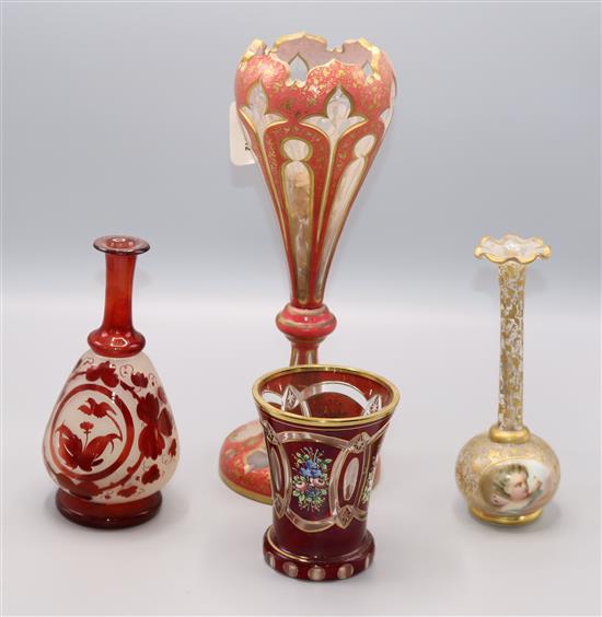 19C gilt and pink overlay glass vase, a floral-painted ruby vase and two other glass vases